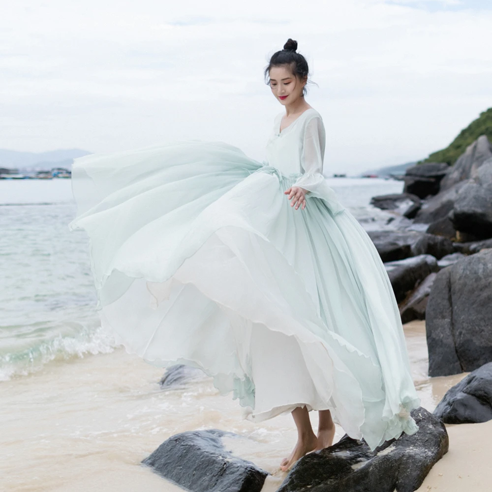 

IRINAW661 summer 2018 new arrival vintage flare sleeve large bottom adjustable waist soft chiffon dress women