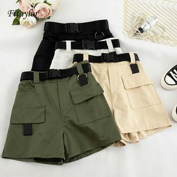 

Fitaylor 2020 Elastic High Waist Shorts For Women Summer Belt Shorts Vintage Sexy Cotton Biker Pocket Bf Style Shorts Feminino