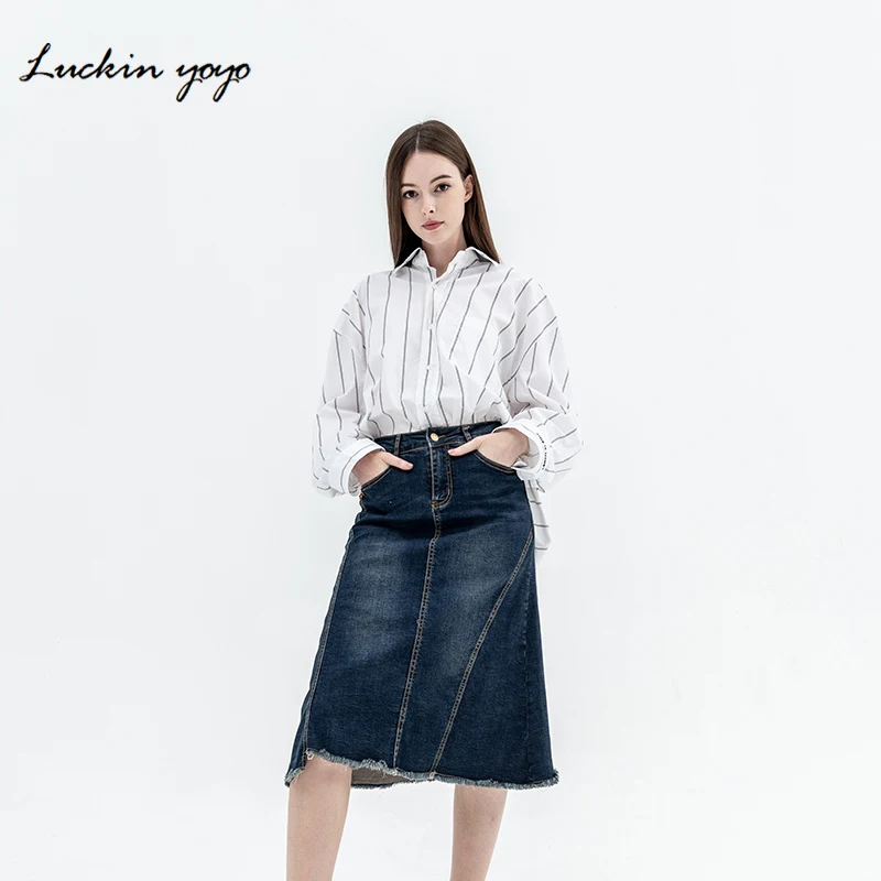 

Luckin yoyo 2019 Female Skirts Denim A-line Knee Length Long Skirts for Women Skirt High Waist Casual Jeans Skirts Saia Jupe