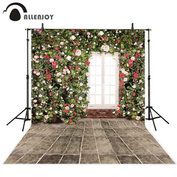 

Allenjoy background for photo studio flower vine brick wall window wedding backdrop photocall photo shoot prop printed