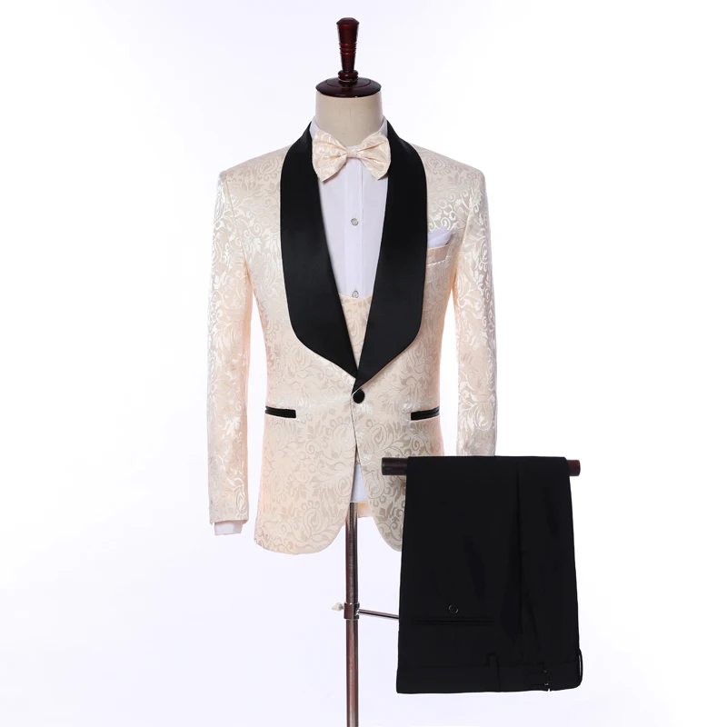 2019 Latest Designs Black Shawl Lapel Groom Tuxedos Jacquard Men Suits Wedding Suit With Pant (Jacket+Pants+Vest+Bow tie) | Мужская