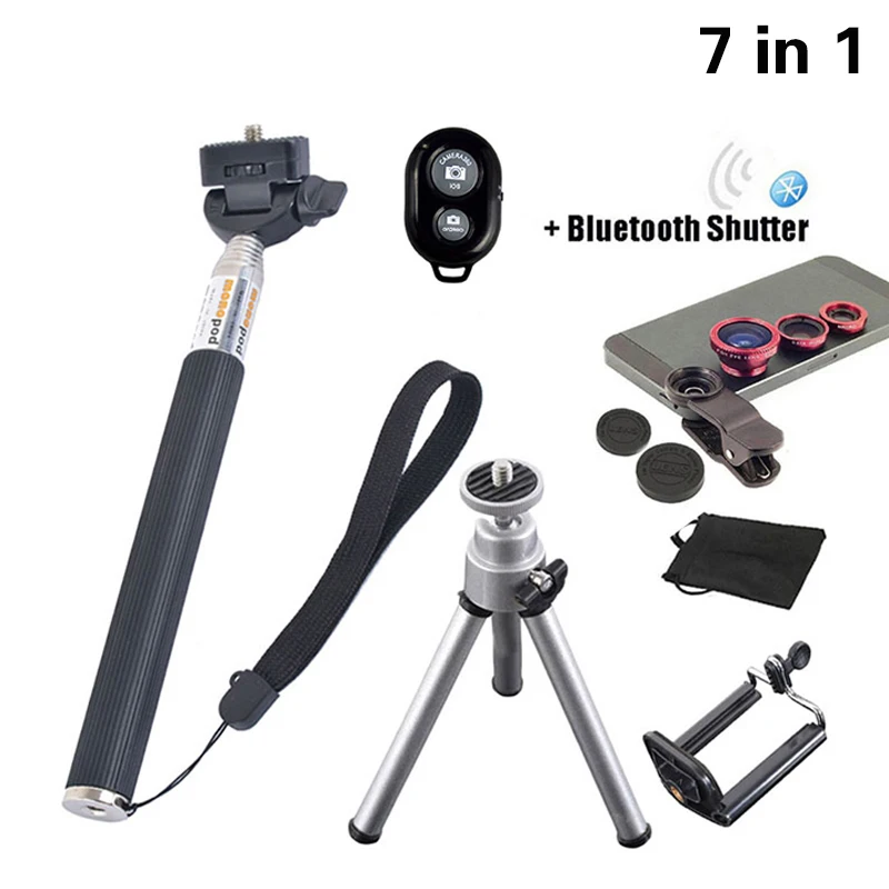 

2017 7in1 Universal Clips Lenses Kit Fish Eye Wide Angle Macro Lens SelfieStick Tripod Bluetooth Control For Xiaomi Redmi note 3