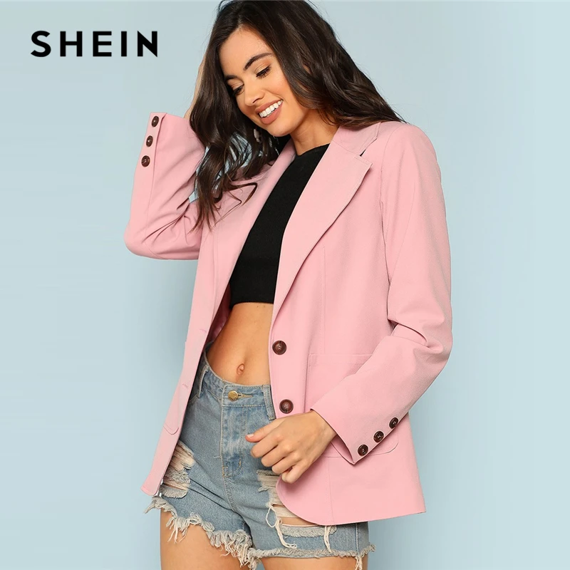 SHEIN Pink Elegant Office Lady Patch Pocket Front Single Breasted Solid Longline Blazer 2018 New