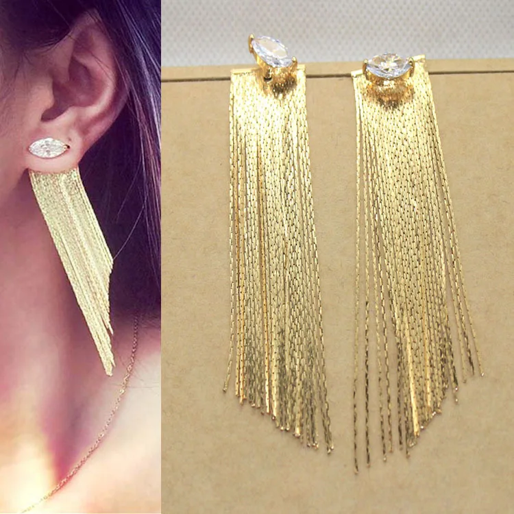 Marquise zircon long style gilded chain tassel earrings wholesale