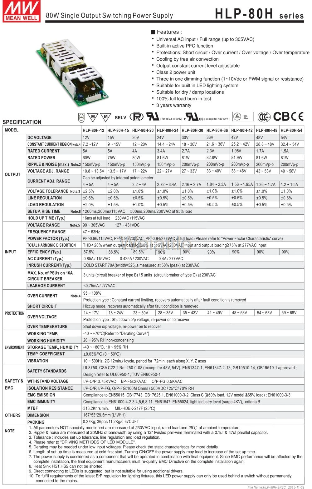 Средняя проверенный HLP-80H-54 54в 1.5A meanwell HLP-80H 54в 81 W одиночный выход Индикатор драйвер Питание