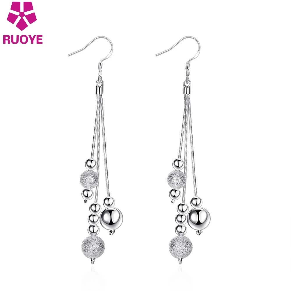 

RUOYE New Fashion Women Drop Earring Ball Charm Long Tassel Design Earring For Women Silver Jewelry Gift Quality Wholesale