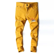 Мужские джинсы, обтягивающие, стрейчевые, с дырками, с надписями, вымытые, мужские джинсы, желтые, потертые, повседневные, Ретро стиль, винтажные, мужские брюки-карандаш