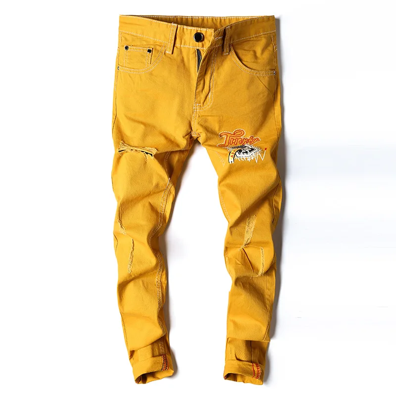 

Men Jeans Skinny Stretch Hole Letter Washed Mens Denim Jeans Yellow Distressed Casual Retro Vintage Men Pencil Pants