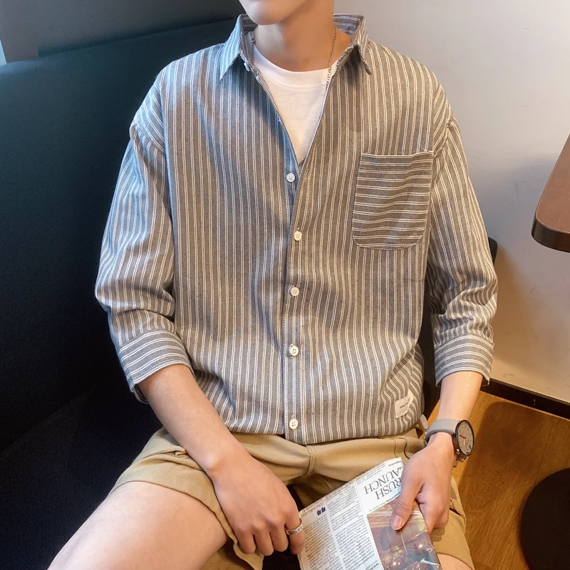 Short-sleeved shirt summer port wind stripe Korean version of the trend handsome sleeve men's loose Thin Chinese Style