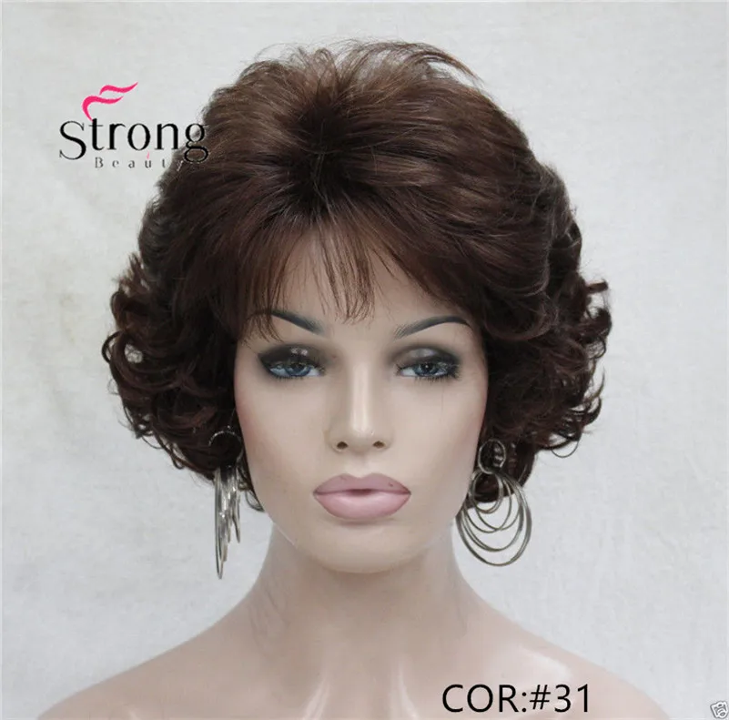 StrongBeauty короткий парик мягкий тусклые кудри коричневый подчеркивает полный синтетические парики выбор цвета