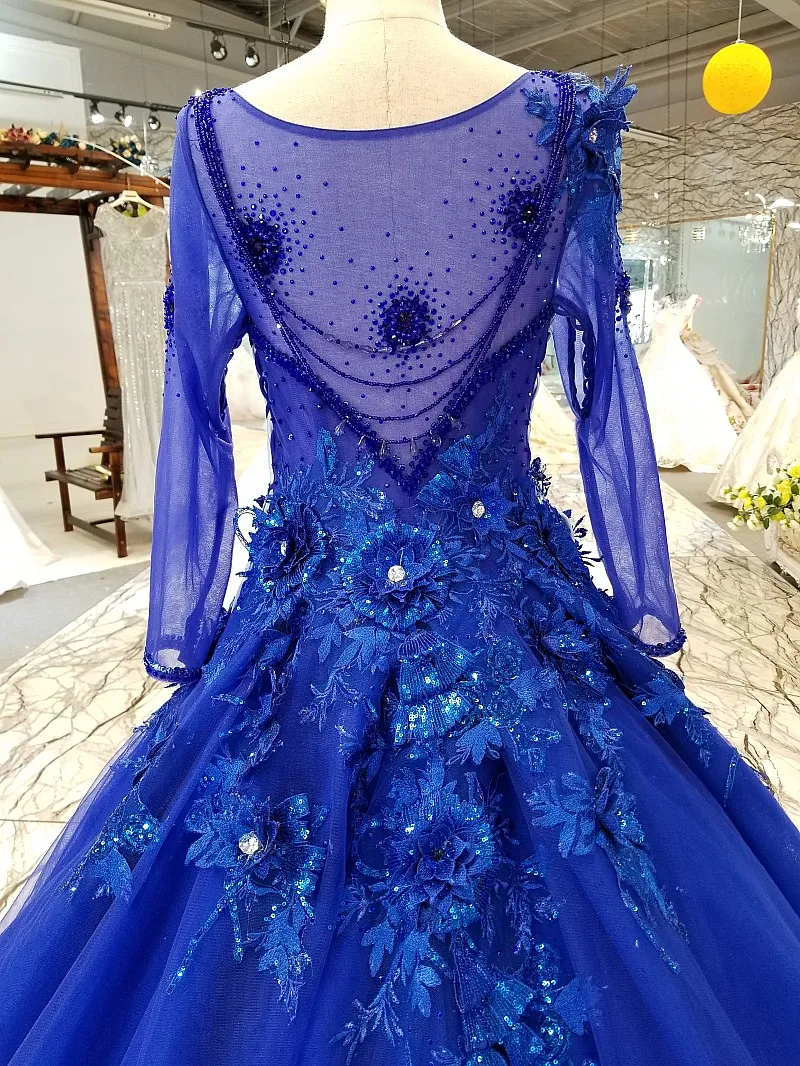 LS3111 blue lace 3d flowers evening dress long sleeve o-neck see-through back a-line dress for mothers of brides quick shipping