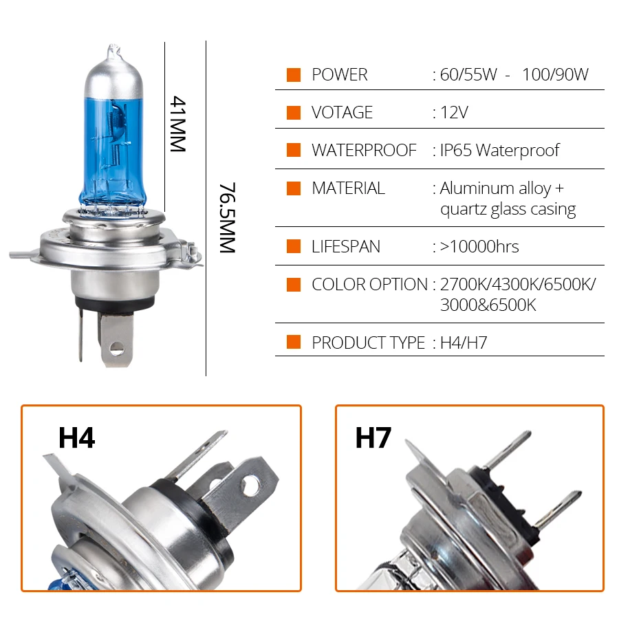 MeeToo 1 шт. H7 H4 галогенные Автомобильные фары лампы галогенные h4 h7 55 Вт 12 в 100 Вт 2700 К 4300 К 6500 к кварцевые стеклянные лампы для авто автомобилей