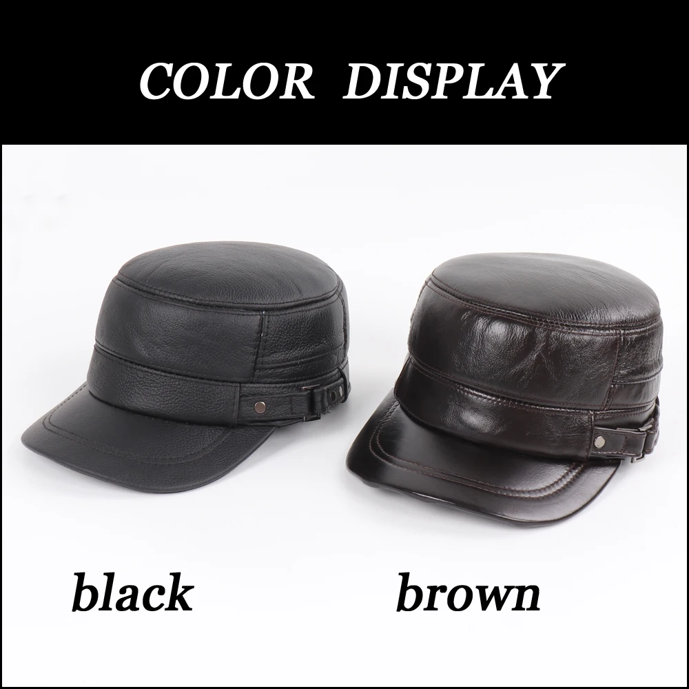 New Outdoor Men Real Sheepskin Leather Flat Caps Man Warm Real Natural Sheep Leather Military Hats Fall Winter Real Leather Hat