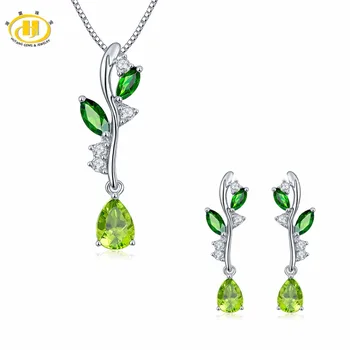 

Hutang Jewelry Sets 925 Silver Pendant Earrings Natural Gemstone Peridot Chrome Diopside Classic Design for Women Great Gift NEW