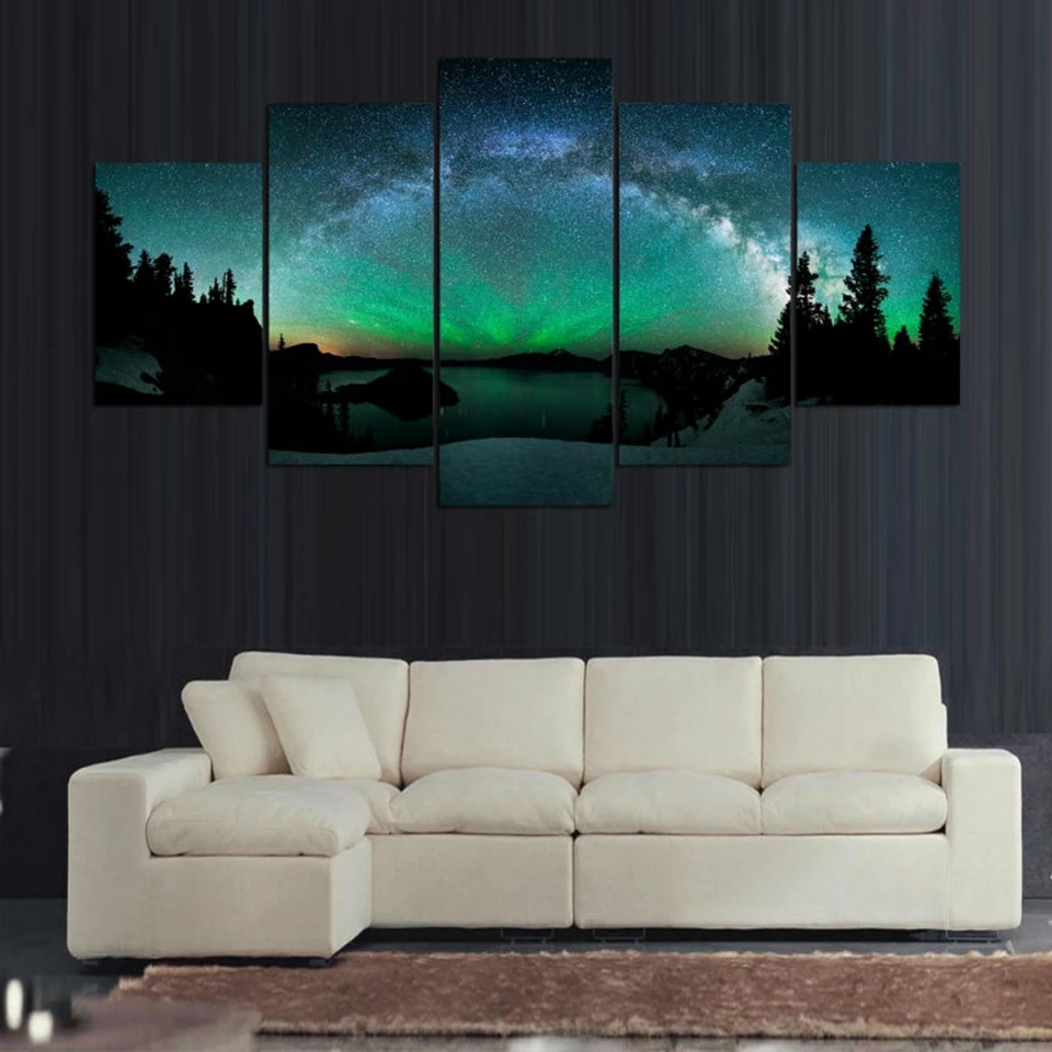 

5 Pieces Tarburst Over Aurora Boreal Abstract Landscape For Living Room HD Printed Pictures Framework Canvas Wall Art Home Decor