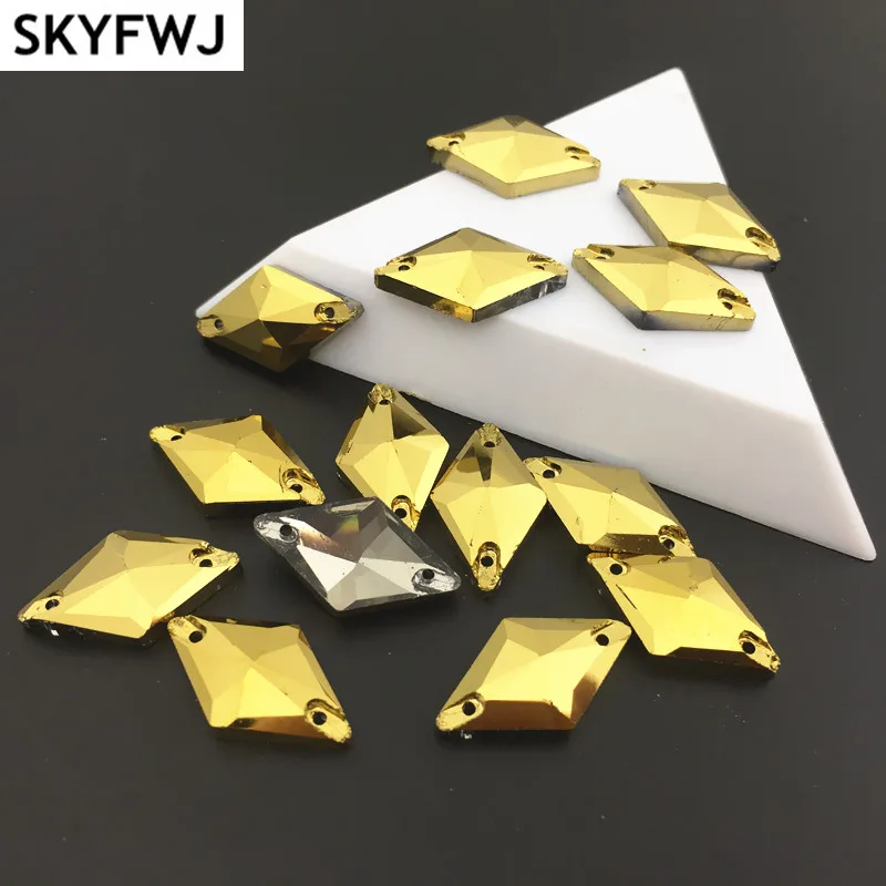 

Gold Hematite Color 11x19mm Glass Crystal Sewing Glass Rhombus Sew On Stone Flatback 2 holes Sewing Jewelry Beads Garment Use