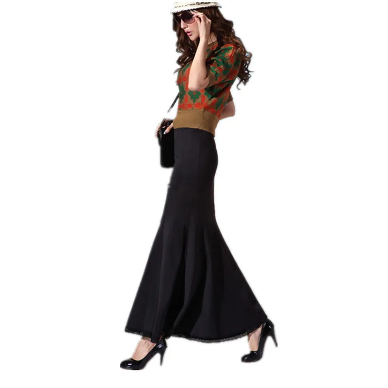

Free Shipping 2013 Autumn Long Maxi Fashion mermaid Style Skirt With Lace Fish Tail Formal Black And Red Pleated Slim Skirts L