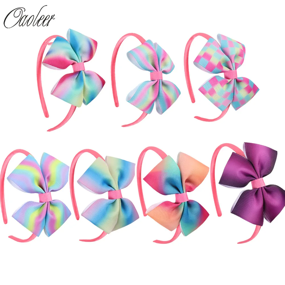 

7pcs/Lot Boutique Rainbow Hairband Colorful Printed HairBow Headbands Handmade Kids Hair Band Girl Dance Hair Accessories