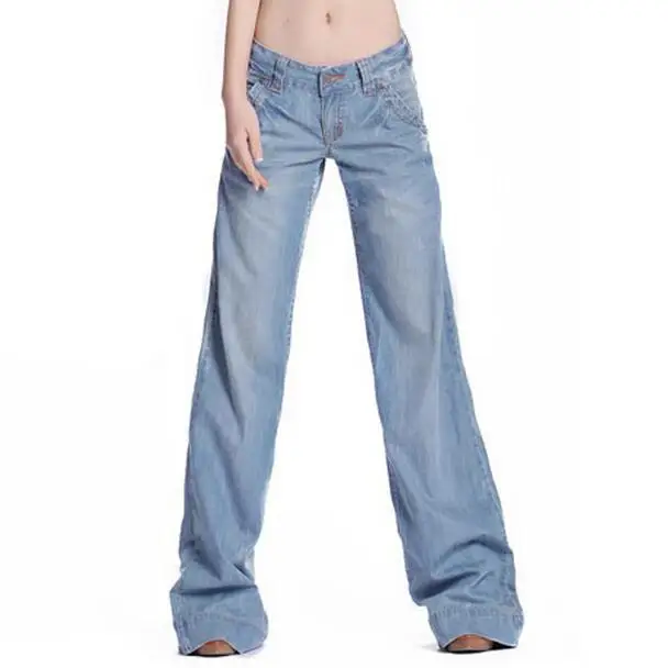 New women jeans flare bell bottom loose denim pants female light blue ...