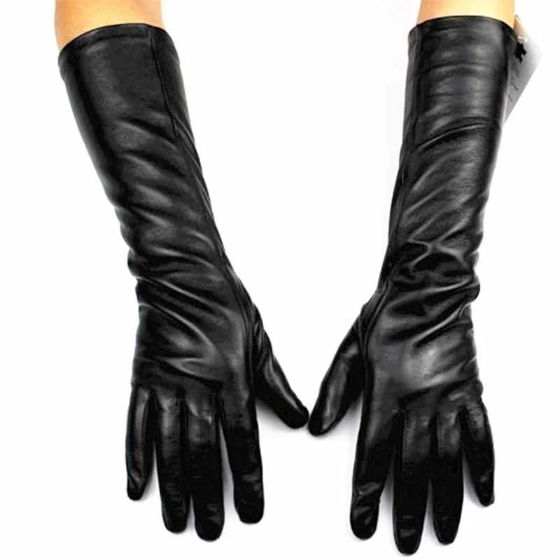 Длинные перчатки из овчины, женские длинные кожаные перчатки коричневого цвета, тонкие кашемировые перчатки, теплая куртка - Цвет: Black