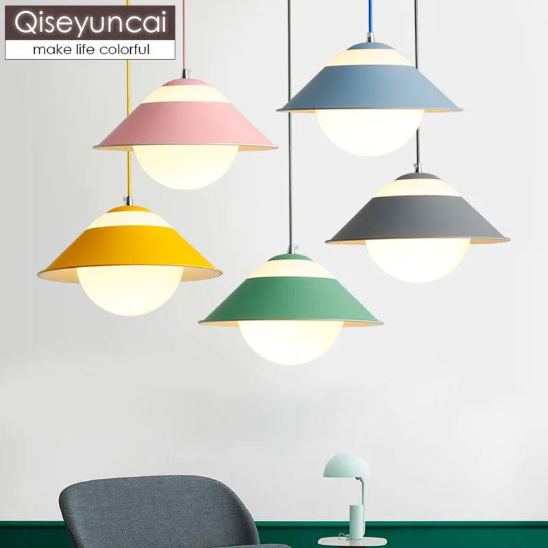 

Qiseyuncai Nordic modern minimalist restaurant macaron chandelier creative bar dining room clothing store straw hat lamp