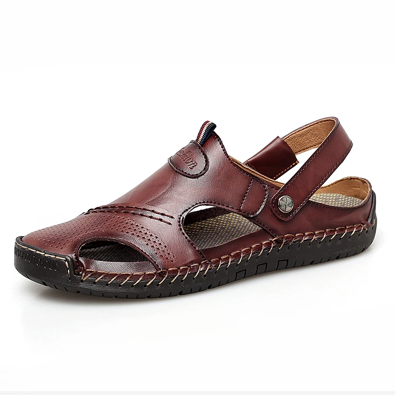 

men fashion plus size breathable summer beach sandals covers toe seaside shoe outdoor cow leather shoes man flip flop slippers