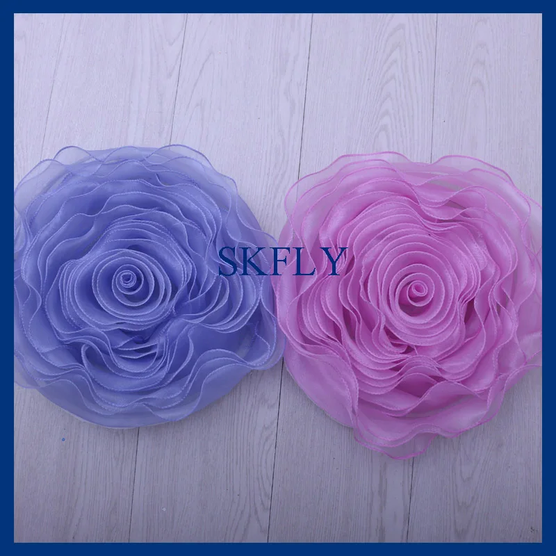 

CH091J SKFLY 2019 new color wedding good quality decoration large organza blue pink red chair flower with spandex band