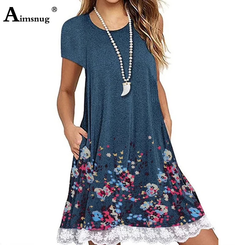 

Plus size 4xl 5xl 2019 Lace Splice Summer Boho Flower Print Blue Dress Short Sleeve O-Neck Female Dress Casual Loose Women Dress