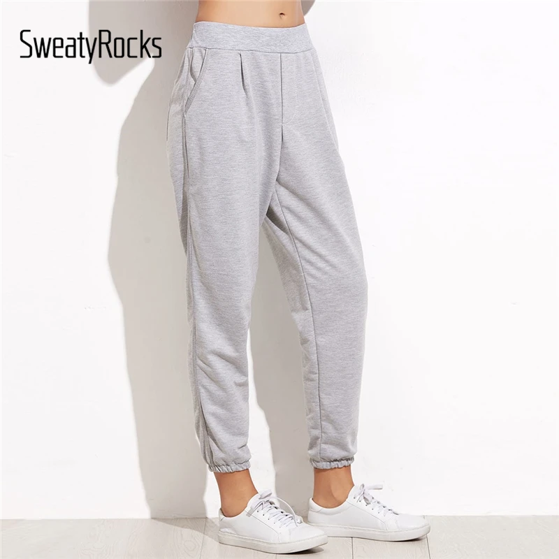 SweatyRocks серая эластичная манжета, карман, шаровары, свободные спортивные штаны, женские весенние осенние тренировочные повседневные брюки и штаны с морковкой