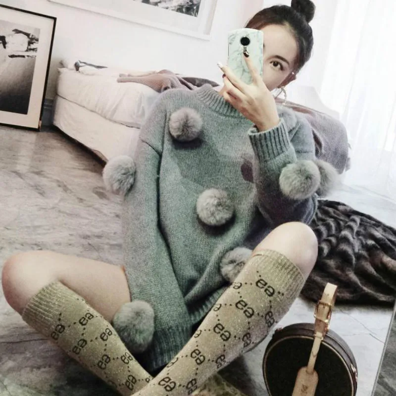 

Women's 3D Faux Fox Fur Hair Balls Sweater Gray O-Neck Long Sleeved Pullovers Knitted Shirts Jumpers Short Crop Tops