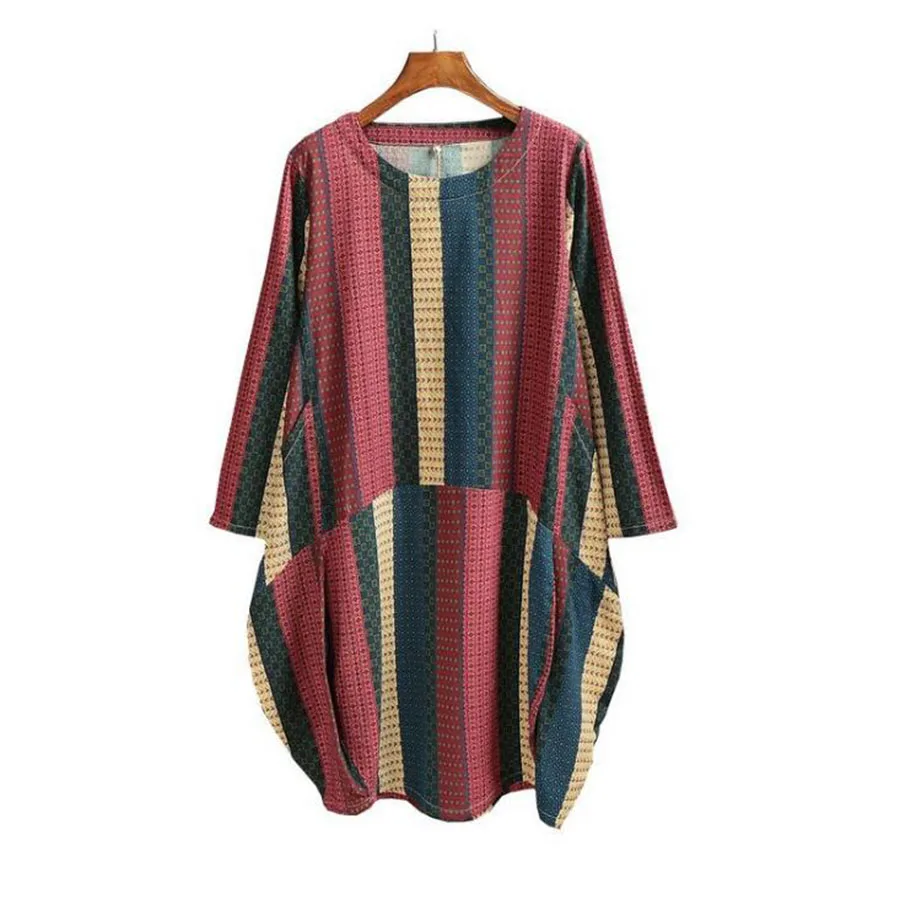 

Runback Linen Woman Midi Dresses A-line Long Sleeve Jurken Plus Size Vestido De Festa Color Block Robe Longue Femme Dress Fall