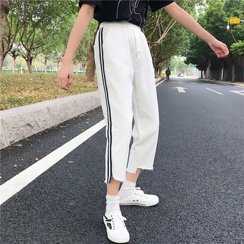 

Women Sweatpants striped Korean Style Loose Denim Long Pants Stripped Side Roupa Feminia College Student Vestiti Straight Jeans
