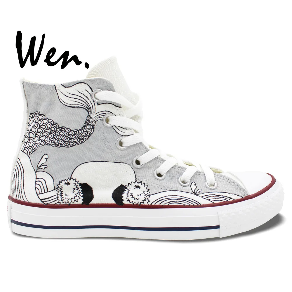 Wen Original Hand Painted Shoes Design Custom Fish Totem Men Women's Grey High Top Canvas Sneakers for Gifts