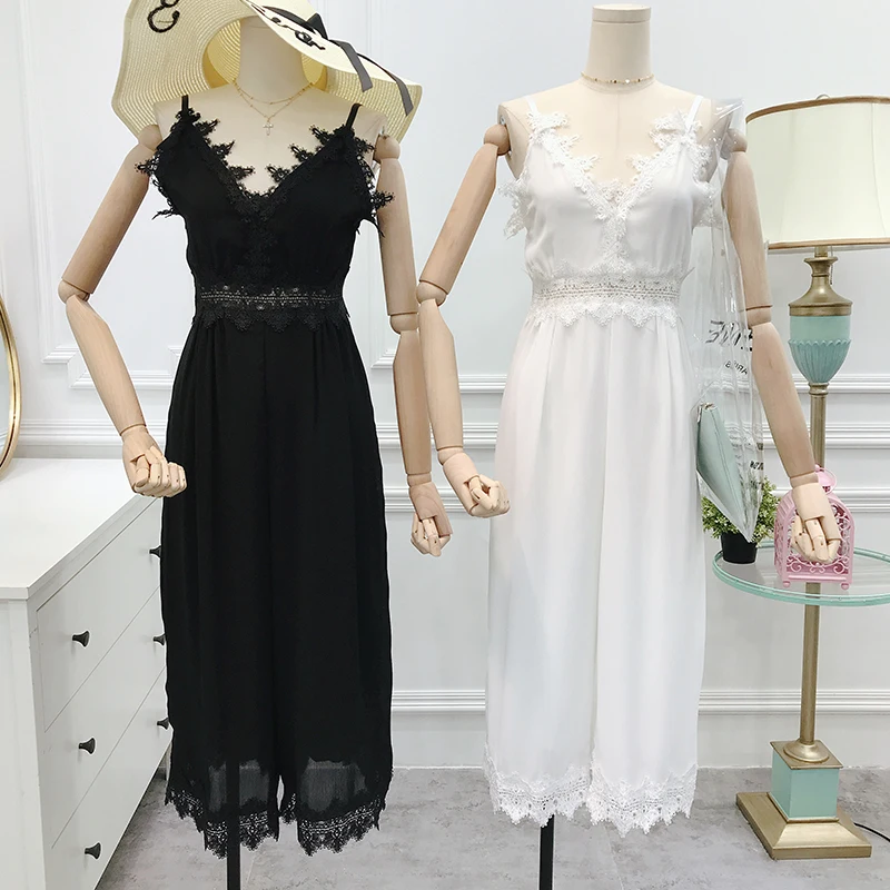 

New Summer Hollow Out Chiffon Jumpsuits Women V-Neck Loose Patchwork Lace Pants Slim High Waist Party Ladies Long Jumpsuit Mw306