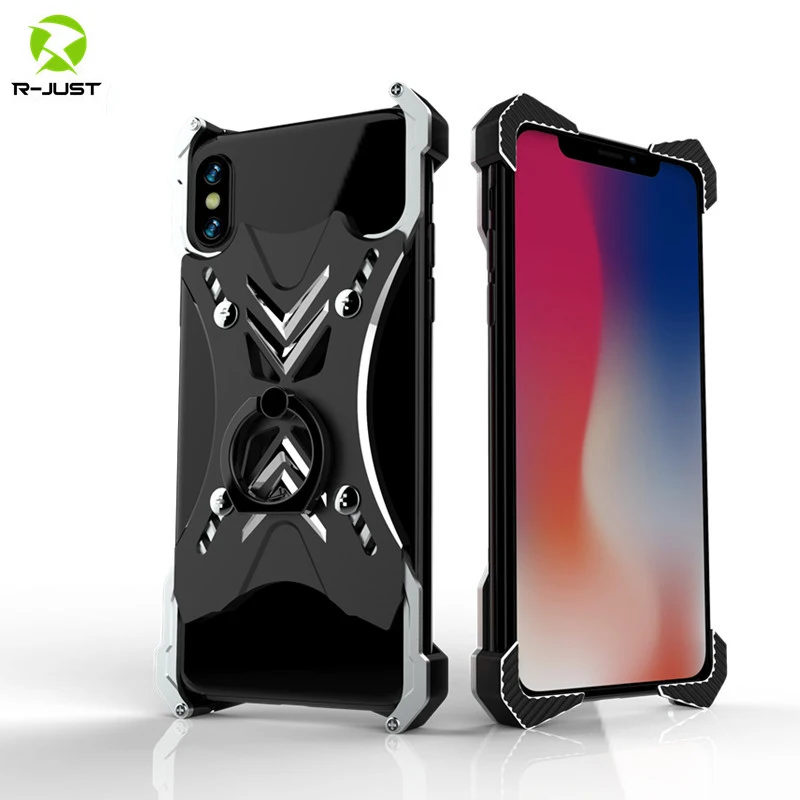 

R-just For iPhone Xs Max XR Buffer Cylinder Frame Back Cover Drop Protect Finger-Ring Stand Case For iPhone 7 8 Plus Case Coque