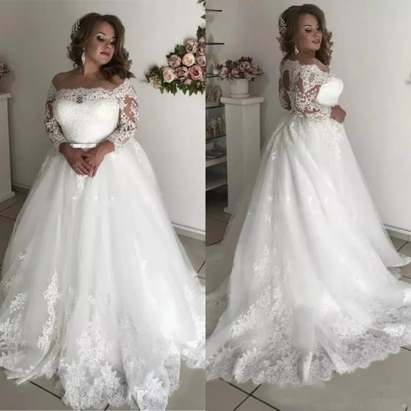 

2019 Plus Size A Line Wedding Dresses Off the Shoulder Lace Applique Ribbon Bow Tulle 3/4 Long Sleeves Country Wedding Gowns