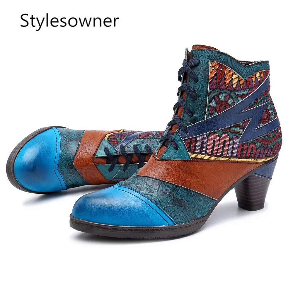 Bleu Style Cheville Mi Épissage Véritable Stylesowner Rétro Femelle Bohème Cuir Bottes Dentelle up Talons Femmes Automne Printemps Femme VjzLGSqUMp
