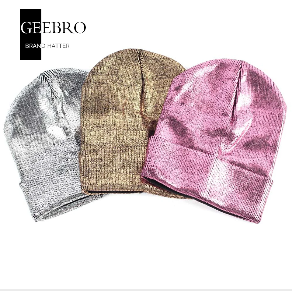 Geebro/Женская Шапка-бини металлического цвета, осенняя Повседневная бронзовая Шапка-бини для женщин, вязаная акриловая Шапка-бини для женщин