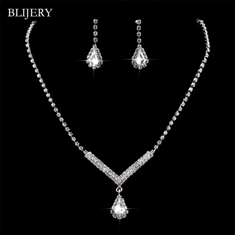 

BLIJERY Simple V Shaped Crystal Bridal Jewelry Sets Silver Color Teardrop Necklace Earrings for Women Party Wedding Jewelry Sets