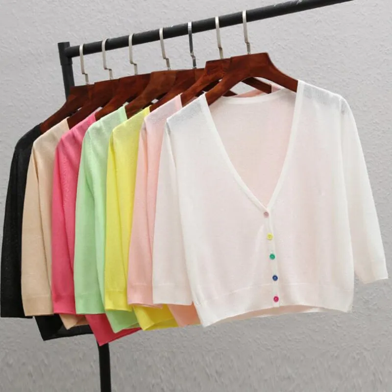 

2019 New Summer Sweater Ice Silk Small Outside Thin Short Air Conditioning Sun Protection Women Cardigan Tops Shirt L