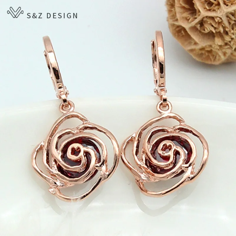 S&Z Spring New 6 Color Rose Flower 585 Rose Gold Cubic Zircon Earrings Korean For Women Fashion Fine Cute Jewelry