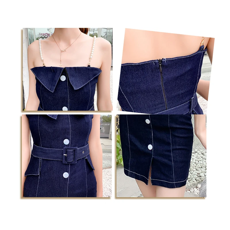 2019 Summer Denim Short Dress Women Pearls Spaghetti Strap Sexy Bodycon Jeans Dresses Female Single Breasted Belted Robe Femme