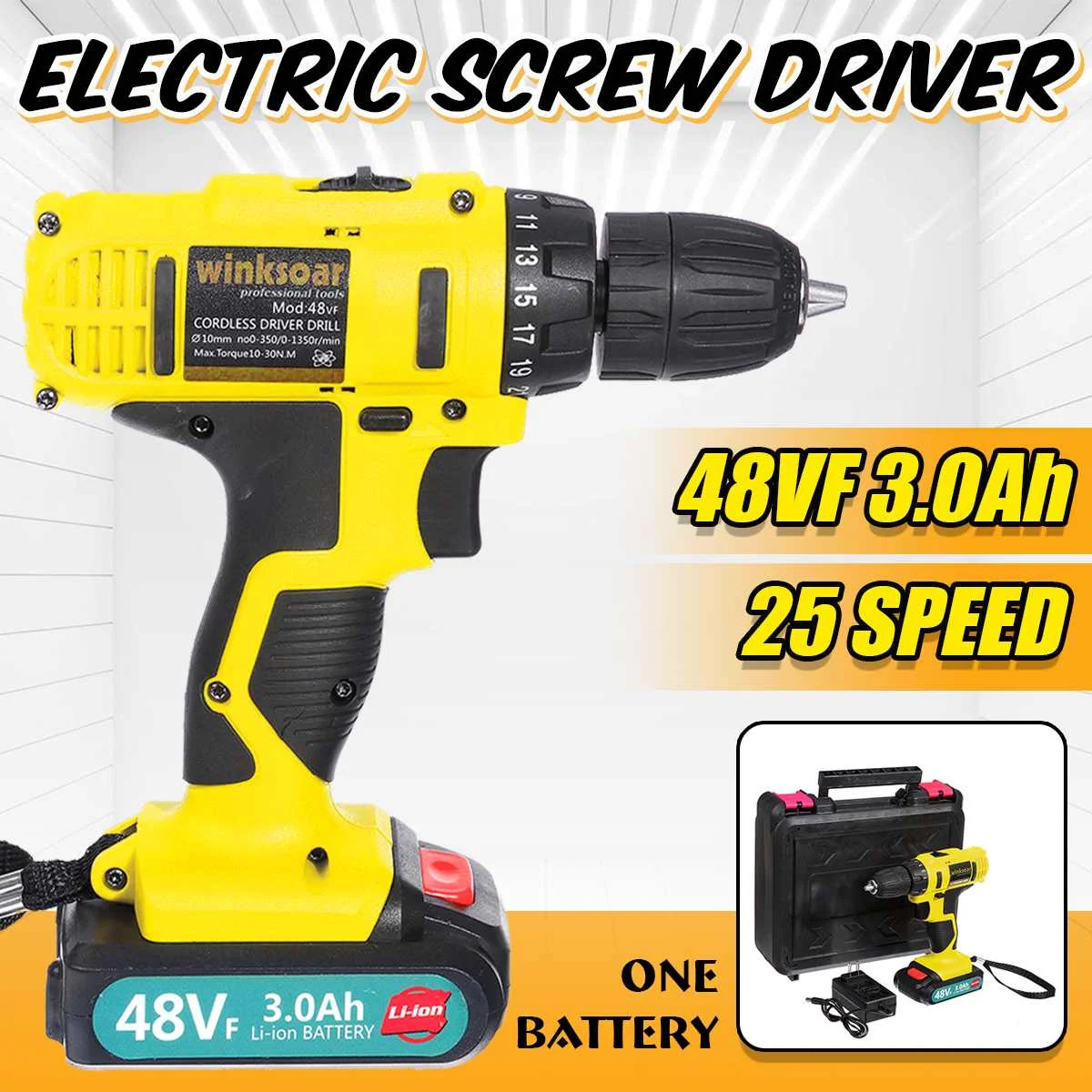 

Handheld 48VF Electric Screwdriver 3.0Ah Li-Ion Battery Rechargable 200W Electric Drilling Machine Hand Drill Power Tool W/ LED