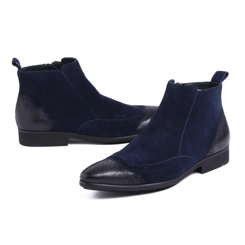 Calçado Toe Genuína Luxo Blue Punk Casuais Masculina Sapatos Homens Partido Escritório Moda Couro Camurça Tornozelo Apontou Botas Retro De Azul Do pY6x8qEnw