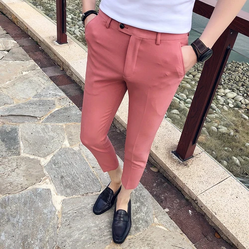 Новые мужские, длиной до щиколотки, штаны Тонкий Для Мужчин's Брюки брюки в деловом стиле Для мужчин бутик женской моды однотонный деловой Для Мужчин's Костюмные брюки на каждый день - Цвет: Pink