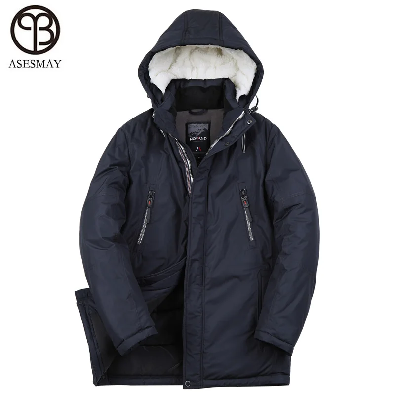 Asesmay Новая мужская одежда зимняя куртка пальто средней длины с капюшоном Вельветовая шапка для отдыха Высококачественная Парка мужская зимняя куртка s - Цвет: Dark blue