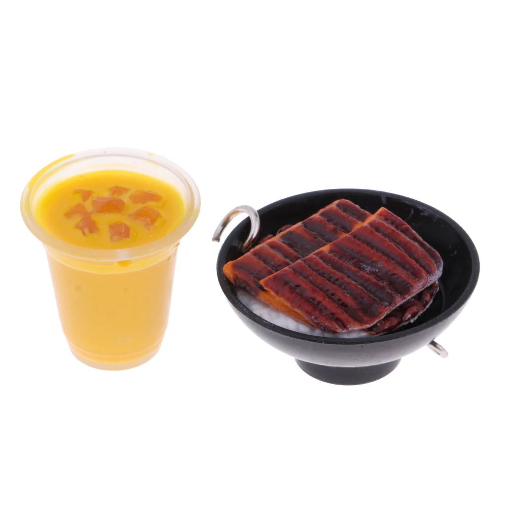  5Pcs 1/6 Dolls House Miniatures Kitchen Dining Table Decor Food Set Fruit Juice Ice Cream Meatball Steak Keychain