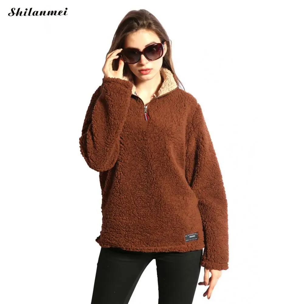 

2019 Autumn Winter Women Fleece Sweater Loose Long Sleeves Polar Zipper Thermal Tops Women Thermal Solid Casual Outwear Pullover