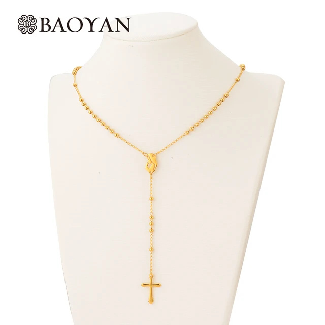 Wholesale Religious Long 316L Stainless Steel Gold Beaded Cross Catholic Necklac Wholesale Religious Long 316L Stainless Steel Gold Beaded Cross Catholic Necklac