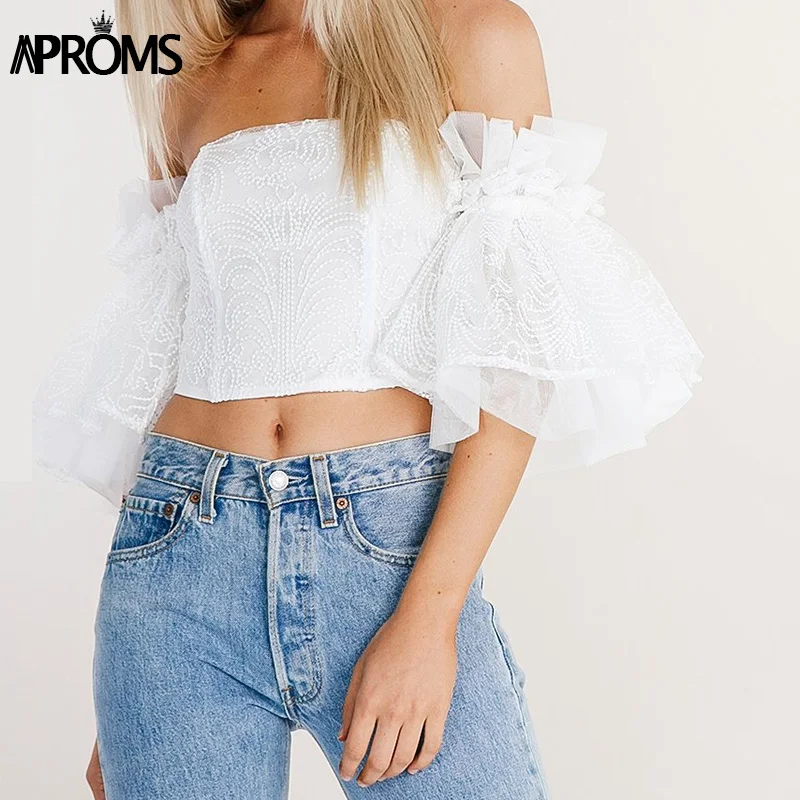 Aproms Элегантный с плеча кружева Mesh Crop Top Для женщин пикантные открытые белые бак тосп Прохладный расклешенными рукавами для девочек трубки майки